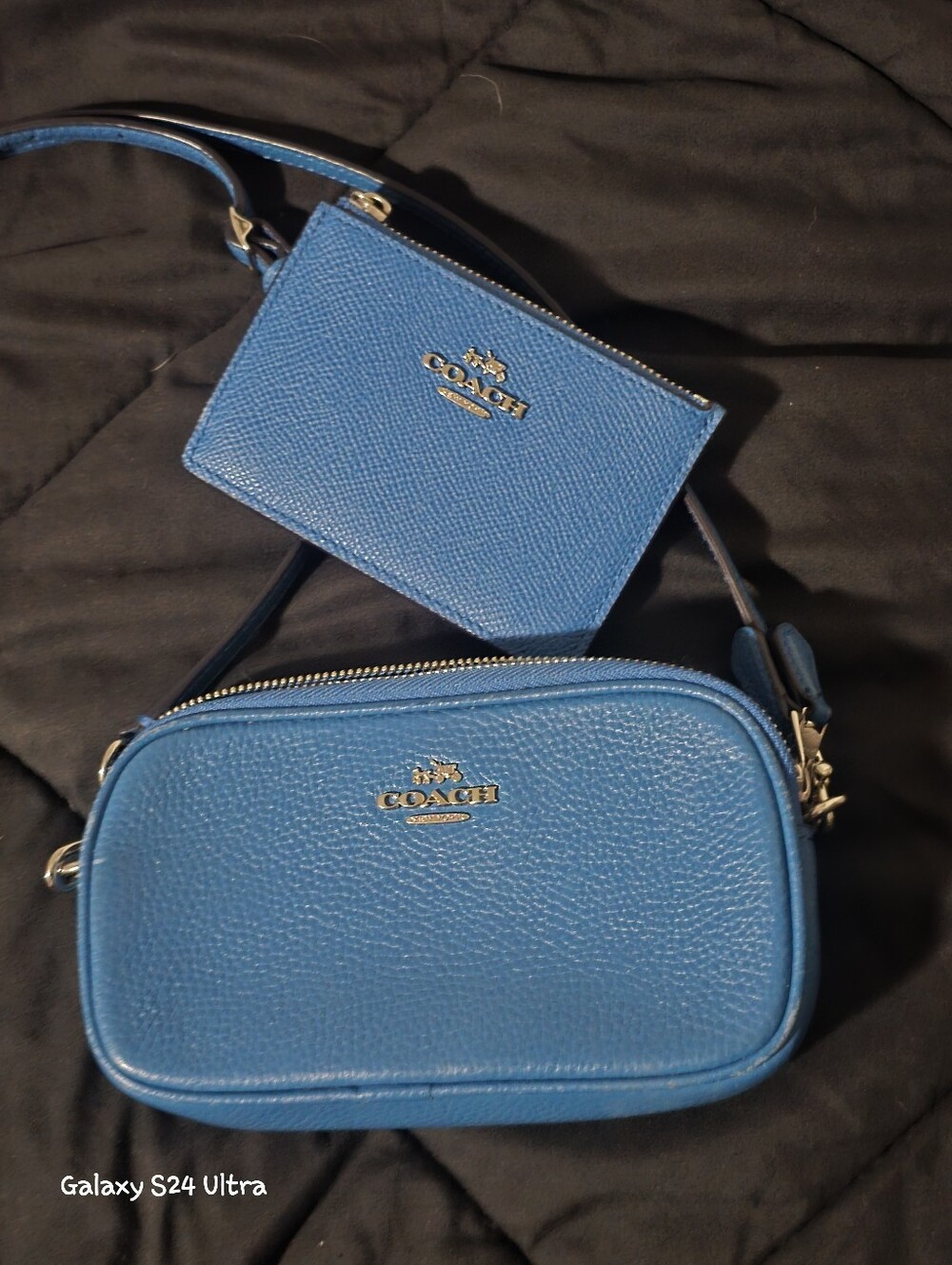SMALL COACH Blue Pebbled Leather Crossbody with Card Pouch